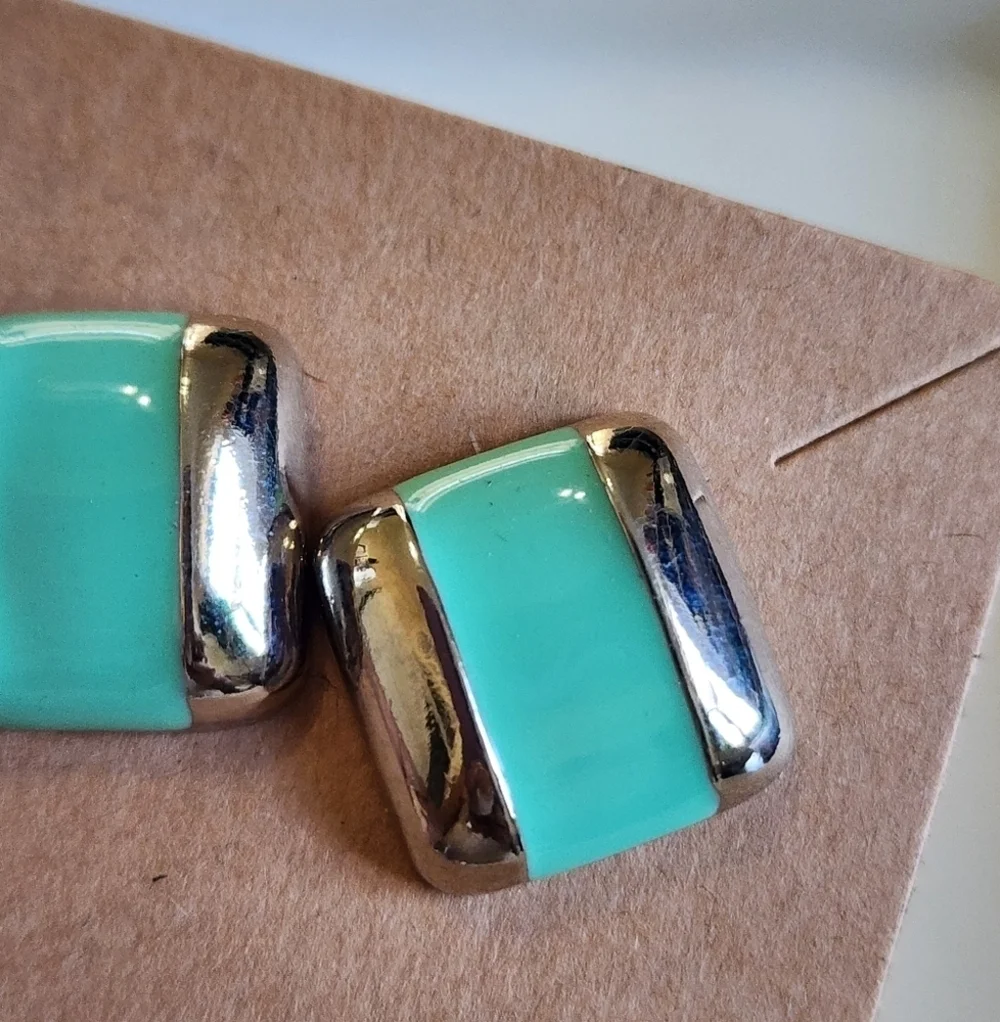 Vintage Avon Silver and Green Enamel Square Stud Earrings